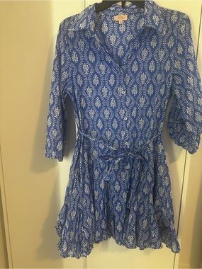 Blue Button-Front Printed Shirt Dress